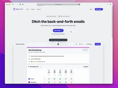 Rallly Landing Page animation app design marketing product saas social proof web