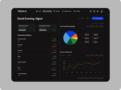 TRICIA X (Personal banking) - Dashboard bank dashboard ui budgeting ui dashboard ui personal banking dashboard ui personal banking ui ui