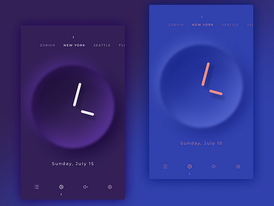 Neumorphic Clock App UI (Figma) 3d aesthetic app blue clock depth design emboss figma graphic design illustration minimal neumorphic purple ui ux vector