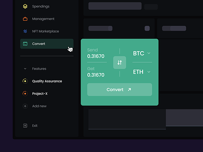Web3 dashboard design for a crypto converter | Lazarev. btc clean convert crypto currency dashboard design functionality hover interactive interface menu product send sidebar skeleton loader ui ux web web3