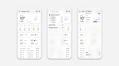 Weather App app daily weather graphic design light mode light theme location mobile mobile app settings side navigation sunrise sunset theme ui ux weather weather app weekly weather