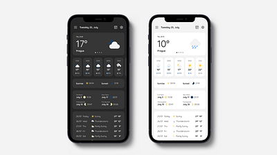 Weather App app daily weather dark mode dark theme graphic design light mode light theme mobile mobile app mockup sunrise sunset theme ui ux weather app weekly weather