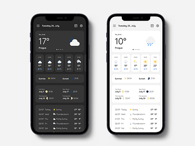 Weather App app daily weather dark mode dark theme graphic design light mode light theme mobile mobile app mockup sunrise sunset theme ui ux weather app weekly weather