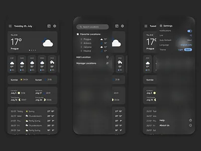 Weather App app dark mode dark theme graphic design location mobile mobile app settings side navigation theme ui weather weather app