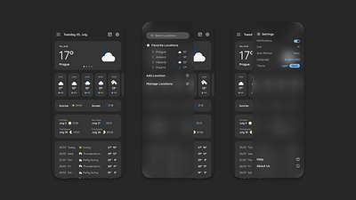 Weather App app dark mode dark theme graphic design location mobile mobile app settings side navigation theme ui weather weather app