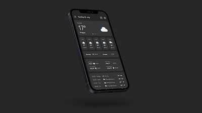 Weather App app daily weather dark mode dark theme figma graphic design mobile mobile app mockup sunrise sunset ui ux weather app weekly weather