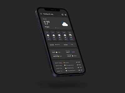 Weather App app daily weather dark mode dark theme figma graphic design mobile mobile app mockup sunrise sunset ui ux weather app weekly weather