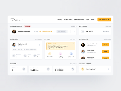 Terapio - Dashboard redesign cards coupons dashboard dashboard design data table grey management app mental health online therapy product design take home assignment terapio therapist therapy therapy platform therapy session ui ux design web app yellow