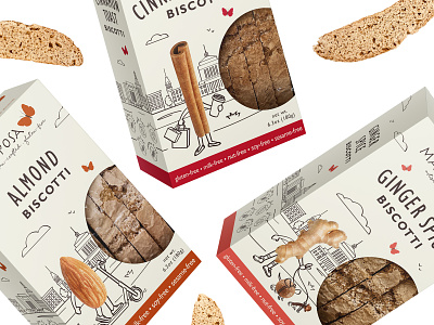 Packaging design for biscotti (3 flavors) almond art baking biscotti box cinnamon drawing ginger graphic design illustration landscape monoline sketch
