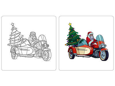 Line-art + coloring for mobile app "Cars" christmas tree coloring coloring app coloring book happy new year illustration line art motobike santa claus vector