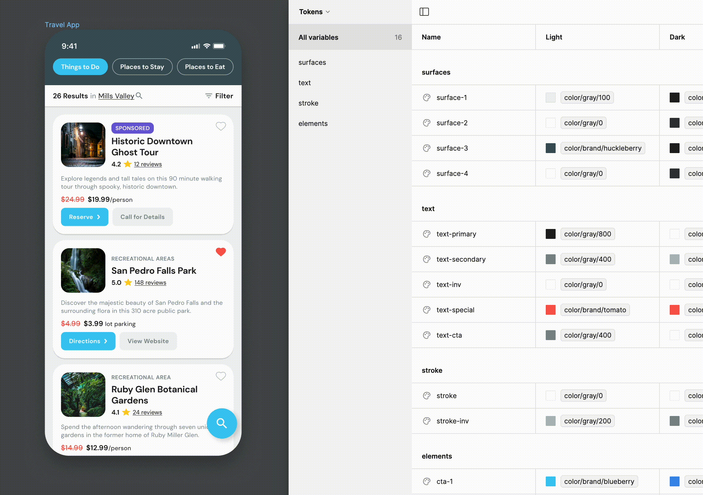 Travel App w/Variables app dark primitives tokens ui ux variables