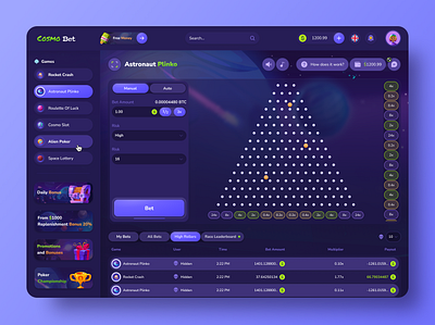 Cosmo Bet - Plinko 1win bet betting casino gambling game design game interface online casino plinko product design stake ui uiux win