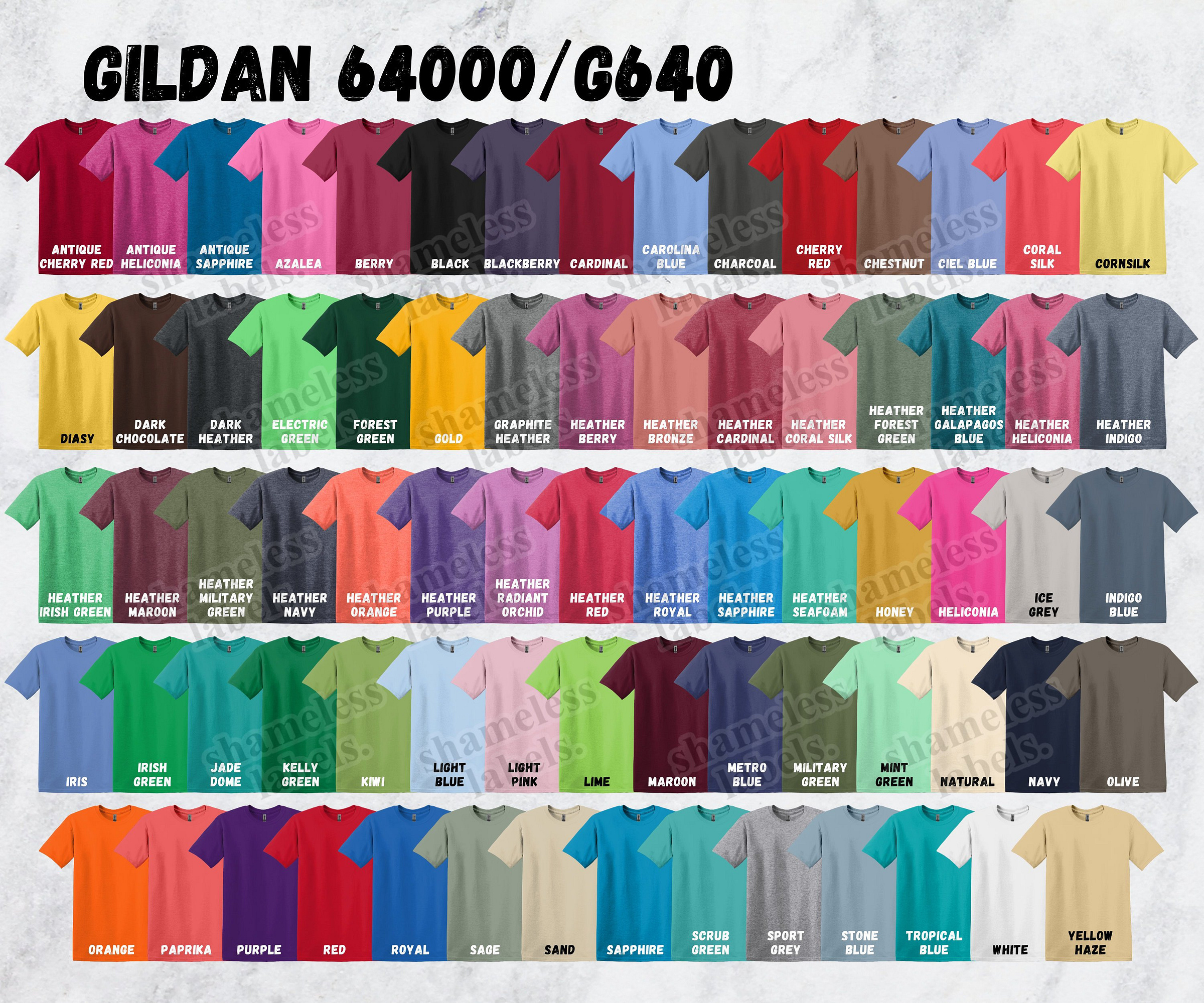 Gildan 64000 Editable Color Chart & Size Chart - Canva Template by