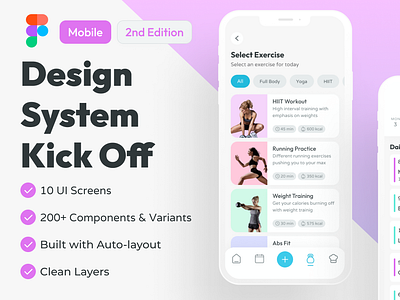 Design System Kick Off Second Edition app design autolayout components design system figma figma design figma design system fitness app mobileapp mobiledesign ui ui design uiux variables