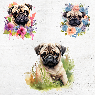 Floral Pugs Portrait Watercolor animation branding clipart design graphic design illustration motion graphics png transparent background