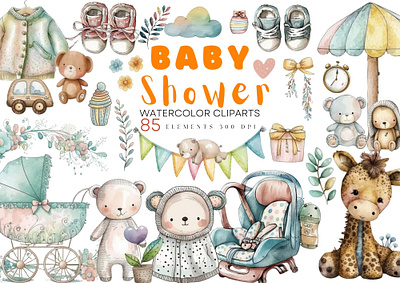 Cute Baby Shower Watercolor Clipart, Baby Clothes Clipart, Newb baby shower clipart png watercolor