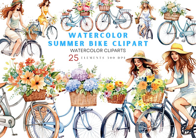 Watercolor Summer Bike Clipart clipart