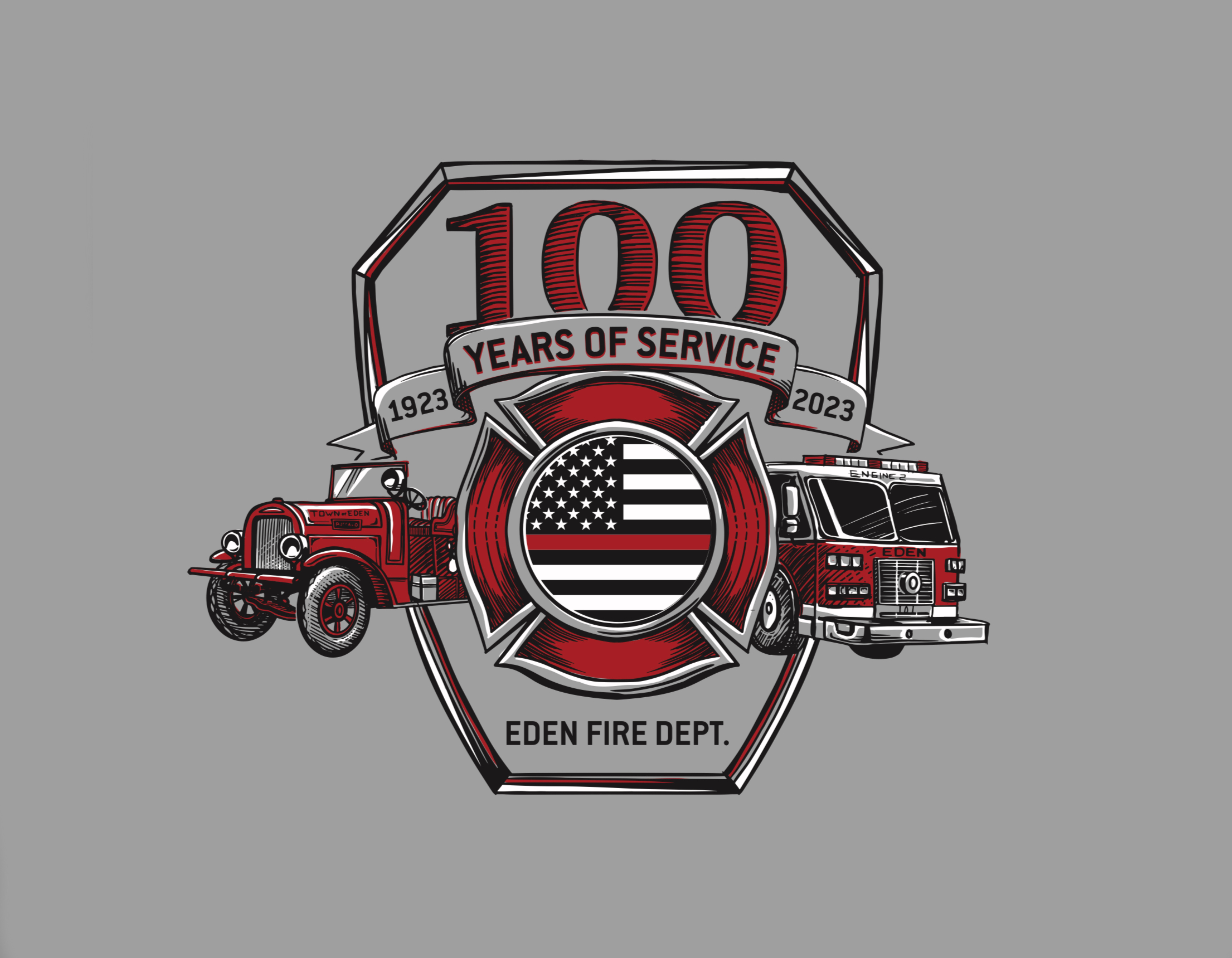 Eden Fire - 100th Anniversary drawing fire fire department firetruck graphic design illustrator logo patch procreate screenprinting silkscreen