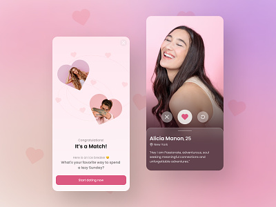 Dating App beauty bottom sheet dating funky ui heart illustration like love match mobile mobile app pink product design romance romantic experiences rosy splash screen swipe ui undo