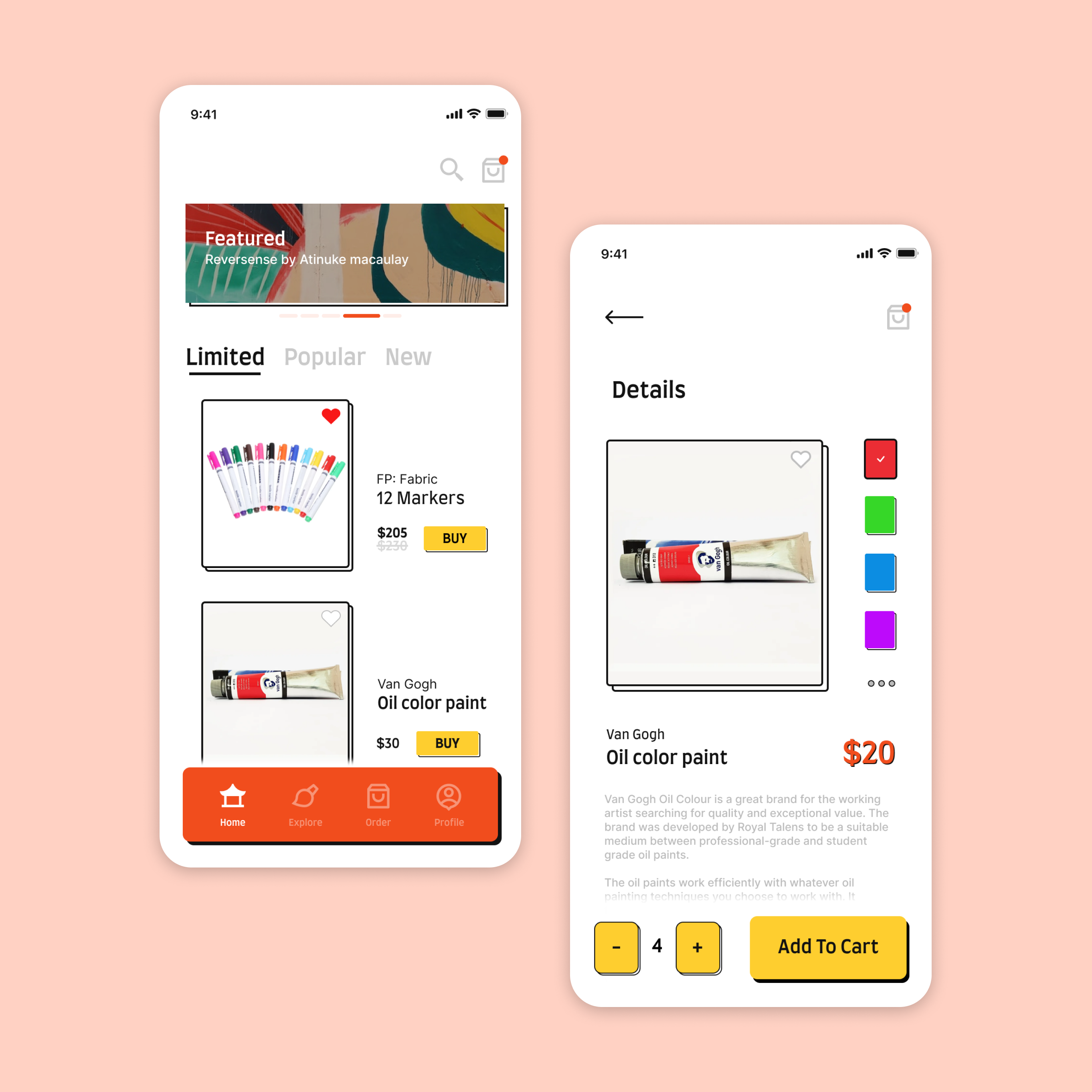Art supply mobile app art brutalism concept app design mobile app orange ui ui design uiux