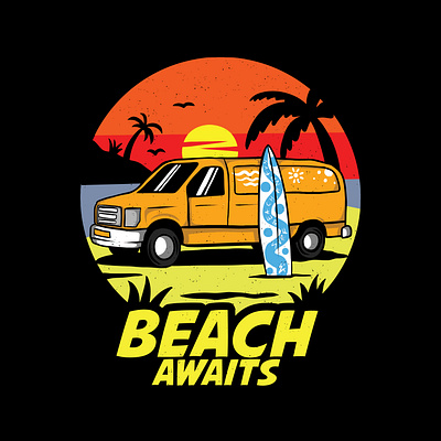 Beach Awaits artwork beach branding clothing brand design for sale holiday illustration summer summervibes sunset t shirt design vacation