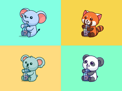 Cute Animals Drink Boba Milk Tea 🐘🐼🐨 boba bobamascot cartoon cute cutecartoon cutepanda elephant elephantlogo elephantmascot illustration koala koalacartoon logo mascot milktea panda pandamascot redpanda thaitea vector