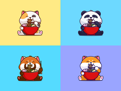 Cute Animals Eating Ramen 🍜🐱🐷🐼 branding cartoon cat cat ramen cute cutecartoon illustration logo mascot noodle panda panda ramen ramen ramen logo ramen mascot red panda shiba