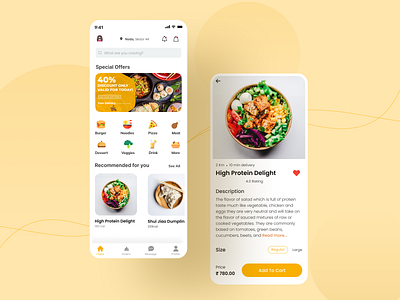 Foodie: Food delivery mobile application UI/UX design branding design food app food delivery application graphic design home page illustration logo mobile app navigation bar search bar ui ui design user experience user interface yellow theme