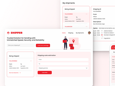 Shipping Website and Mobile App Design app clean design exploration graphic design illustration inspiration material design mobile app red responsive shipping tokens track shipping tracking ui uiux web app website white