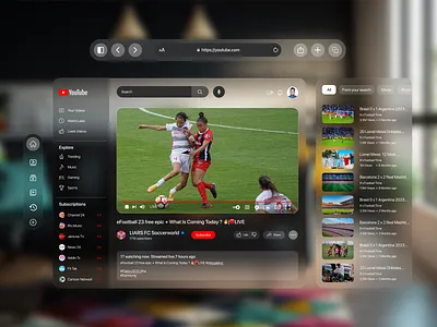 YouTube Streaming - Apple Vision pro UI Exploration 3d adobe photoshop adobe xd apple vision pro figma graphic design product design spatial ui design ui ui design uiux user experience user interface ux design vision os vision pro vision pro ui youtube youtube streaming