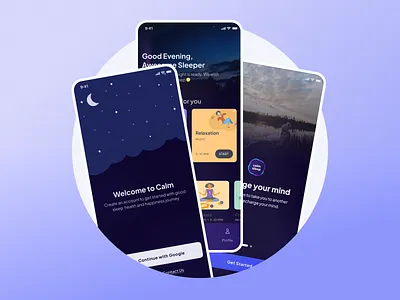 Calm Sleep Onboarding Experience 🔮 dark design dark mode fitness health heath app homescreen login meditation minimal mobile application mobile design mockup modern onboarding pastel signup splash screen subscription ux design wellness