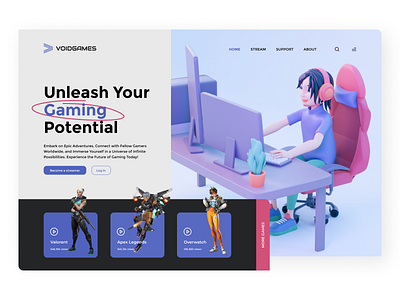 Voidgames - Game Streaming Platform 3d 3d character 3d design 3d illustration 3d ui design blender branding design game streamer graphic design illustration logo streaming platform ui ui design ux ux design uxui uxui design website