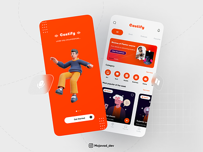 Castify - Podcast App 3d android app application book design electronicbook flutter graphic design illustration ios list music orange playlist podcast splash ui ux voice