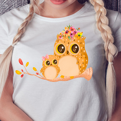 Mom And Baby Owl T-Shirt Design graphic design illustration