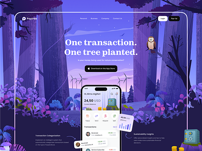 Finance Mobile App Landing Page with Illustrations beauty bima clean design forest gradient icon illustration landing page landscape layout minimalist night owl park plant illustration transaction ui design web design website