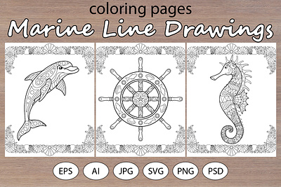 7 Marine Line Drawings for coloring jellyfish seahorse