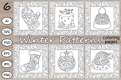 Winter Patterns - 6 coloring pages vector