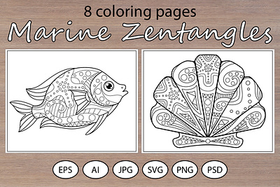 Marine Zentangles 8 coloring pages vectors
