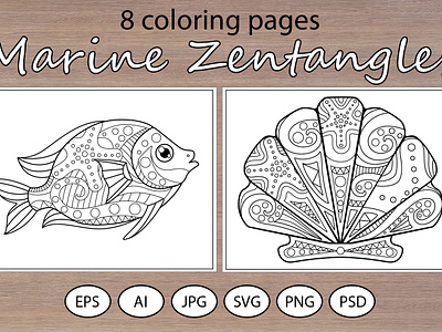 Marine Zentangles 8 coloring pages vectors