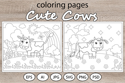 Cute Cows 2 coloring pages for kids pasture