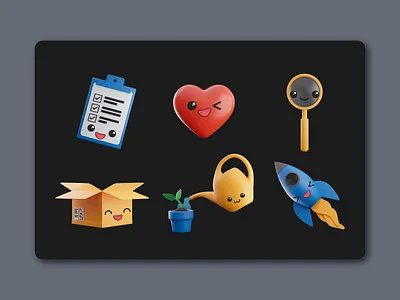 Team of 3D objects 3d blender box character clipboard cute design face graphic design happy heart illustration love plant render rocket smile ui uiux web