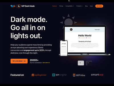 WordPress Plugin web header dark dark mode hero image micro interaction night mode plugin product ui wordpress wp dark mode wppool zamy