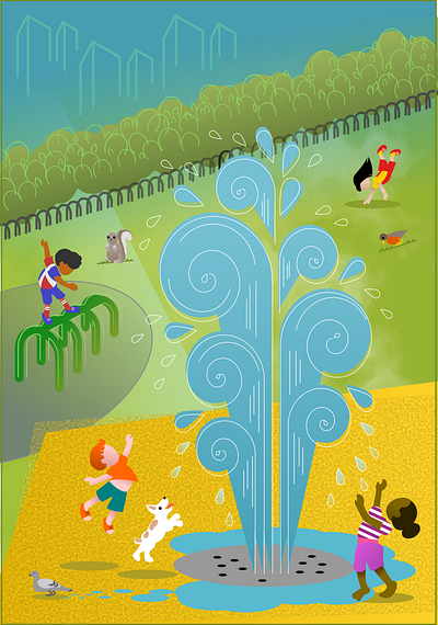 Summer In The City: Imaginary New Yorker Cover children city design digital art fountain illustration kids new york new yorker nyc playground summer vector vector art