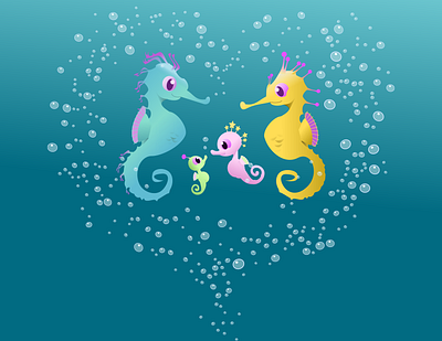 Bubbling with love bubbles cartoon child children cute design digital art family father illustration love mother ocean parents sea seahorse vector