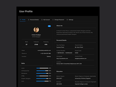 User Profile Dark Mode Ui Design arnob shariar dashboard dashboard dark dashboard design dashboard ui dashboard ui ux figma design hiring landing page ui ui ux uidesign uiux ux uxdesign