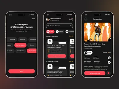 Events Mobile App Design android app booking clean concert design event figma ios management minimal mobile app music sports ui ux
