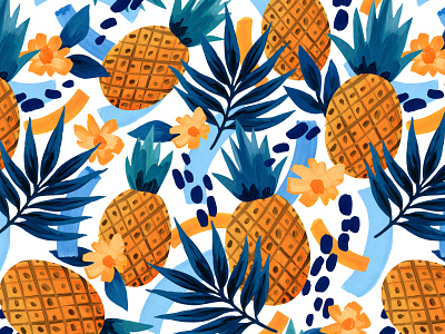 Seamless floral pattern with pineapples design drawing hand drawn hawaii illustration pattern seamless tropical