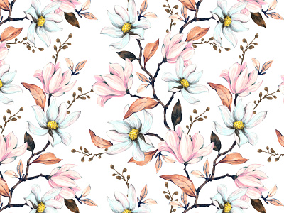 Seamless pattern with magnolias. Floral illustration bud hand drawn