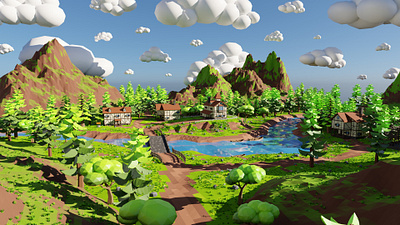 Isometric Small town 3D model 3d art barrel blender3d bridge cartoon environment exterior flower forest game grass house landscape log lowpoly mountain rock tree well