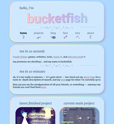 bucketfish - personal website blog branding clean cute design game indie indie web personal website web design website